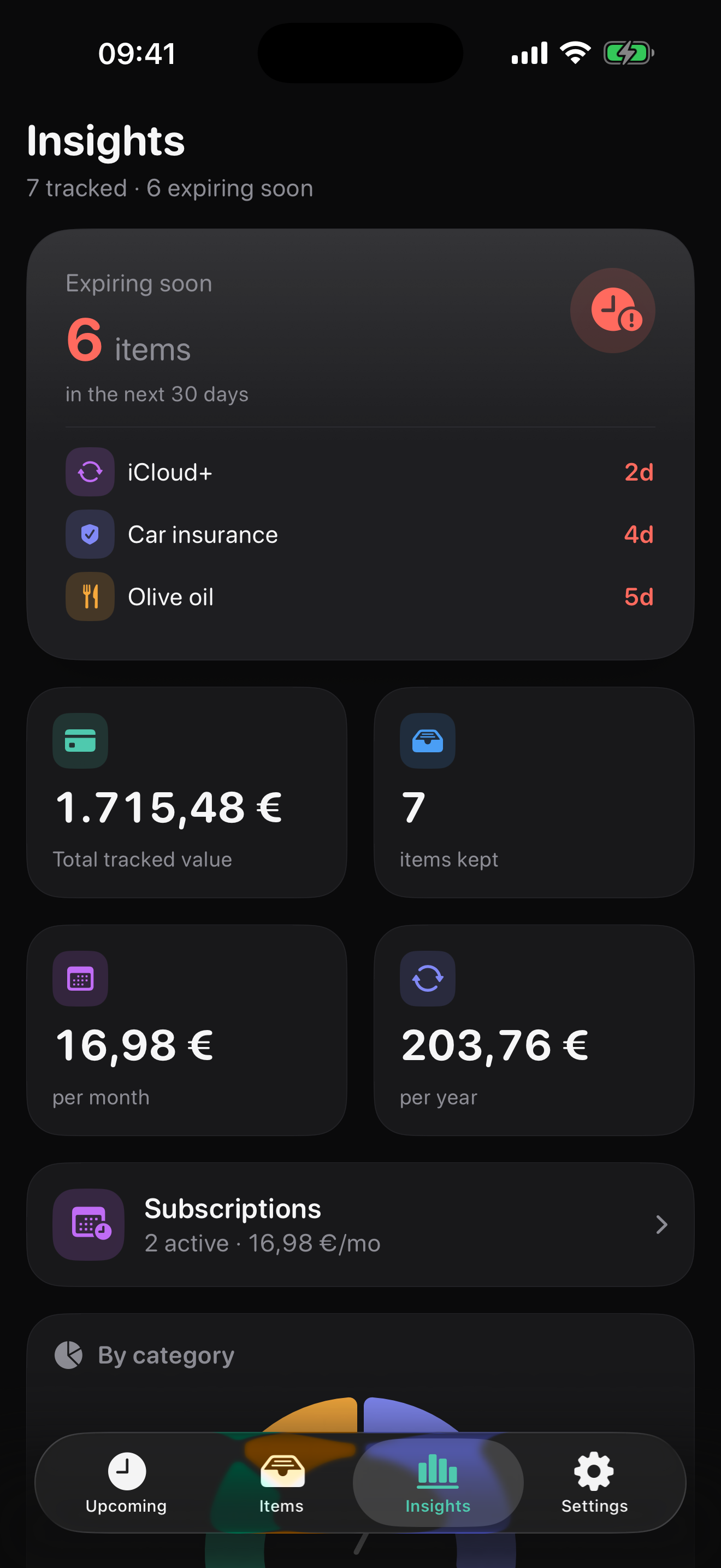 Kept Insights showing warranty value, monthly subscription costs and upcoming renewals