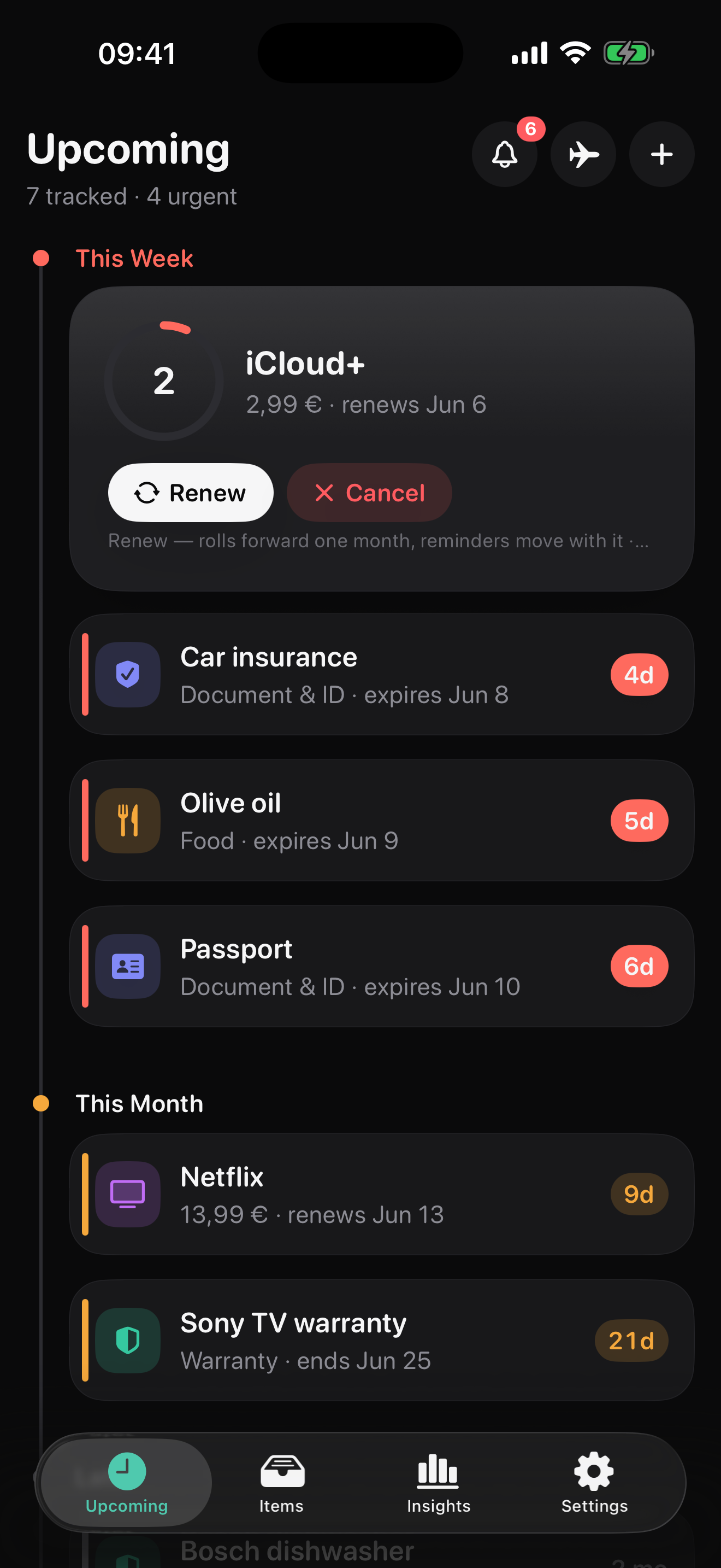 Kept app showing upcoming items sorted by what's next