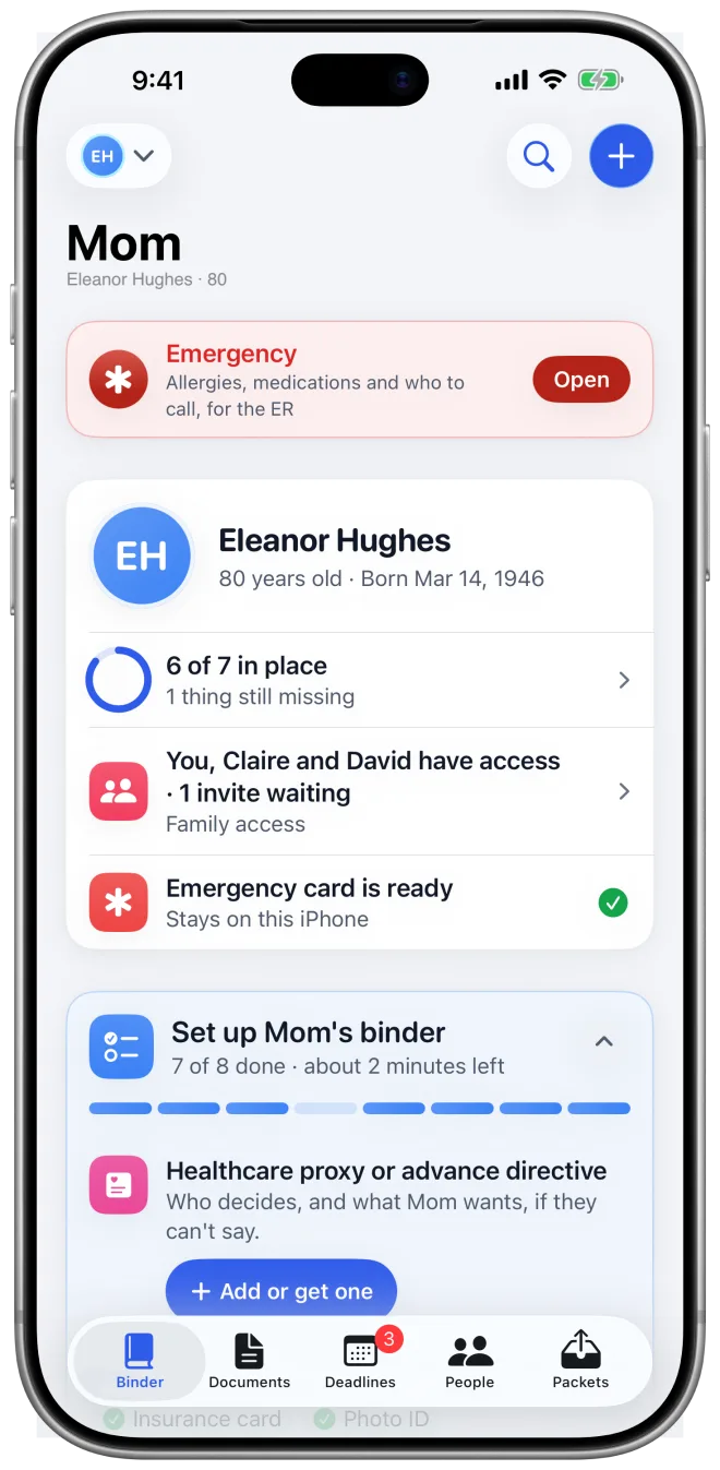 Provisum, the studio's own iPhone app, showing a parent's binder home.