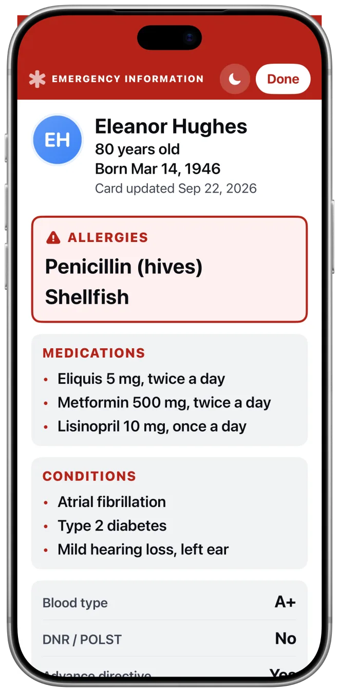 The emergency card the packet is made from, kept on the phone: allergies, medications and conditions in large type.