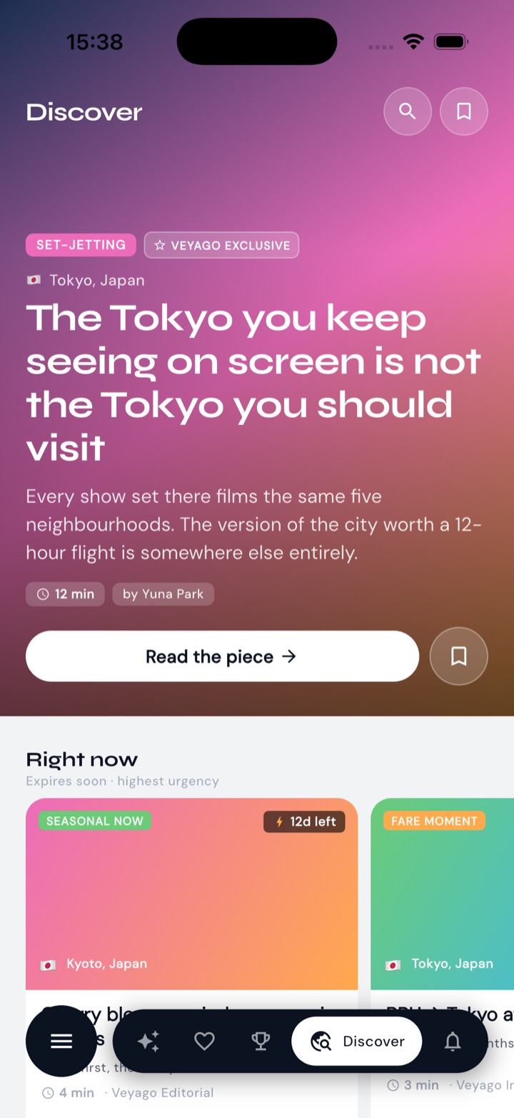 The Veyago Discover screen - an editorial feature on Tokyo with time-sensitive in-season picks